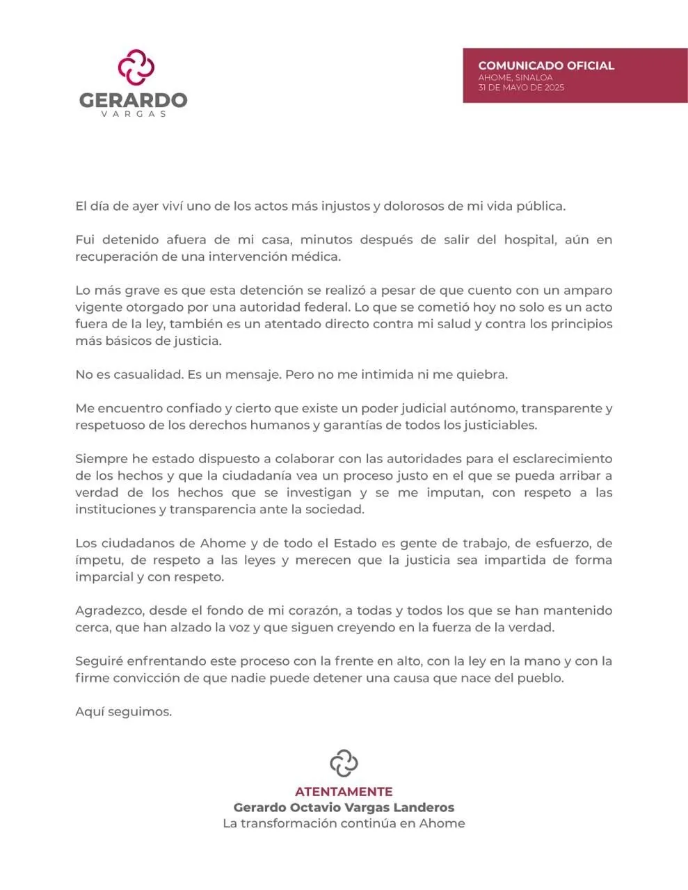 Gerardo Vargas: “No me intimidan ni me quiebra”, responde tras su detención Gerardo Vargas: “No me intimidan ni me quiebra”, responde tras su detención