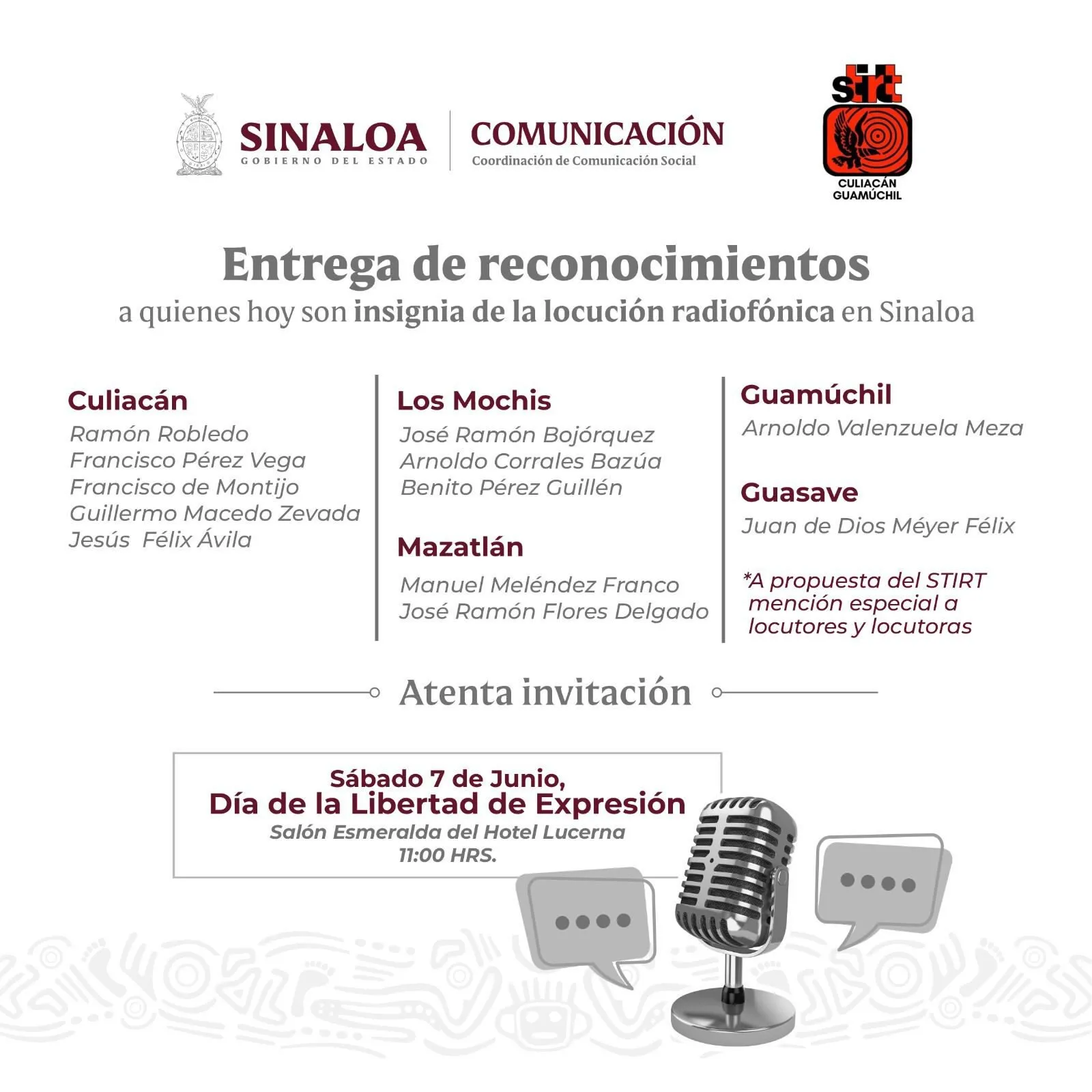 Reconocerá Gobierno del Estado a 12 locutores insignia de la radiodifusión sinaloense el 7 de junio Reconocerá Gobierno del Estado a 12 locutores insignia de la radiodifusión sinaloense el 7 de junio