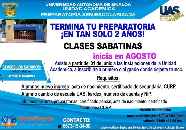 La UAS mantiene abiertas las inscripciones para la Preparatoria Semiescolarizada: una opción flexible para concluir el bachillerato La UAS mantiene abiertas las inscripciones para la Preparatoria Semiescolarizada: una opción flexible para concluir el bachillerato