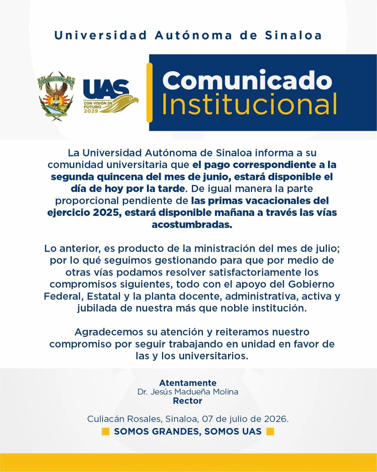 Anuncia el Rector Jesús Madueña pago de la quincena pendiente y de la prima vacacional 2025; se solventarán compromisos con recursos del mes de julio Anuncia el Rector Jesús Madueña pago de la quincena pendiente y de la prima vacacional 2025; se solventarán compromisos con recursos del mes de julio