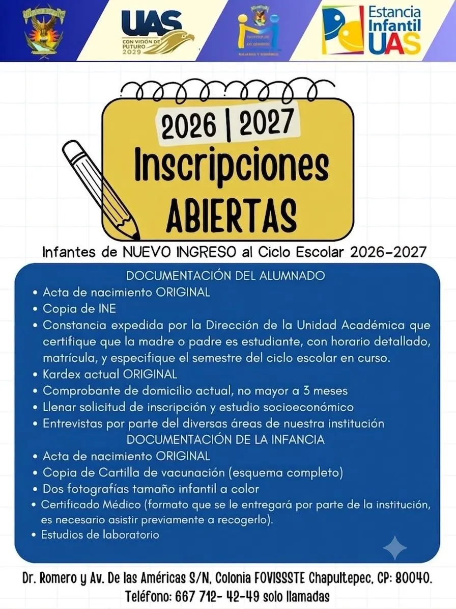 Abren inscripciones para la Estancia Infantil de la UAS, un respaldo gratuito para madres y padres estudiantes, con perspectiva de género y sentido humanista Abren inscripciones para la Estancia Infantil de la UAS, un respaldo gratuito para madres y padres estudiantes, con perspectiva de género y sentido humanista