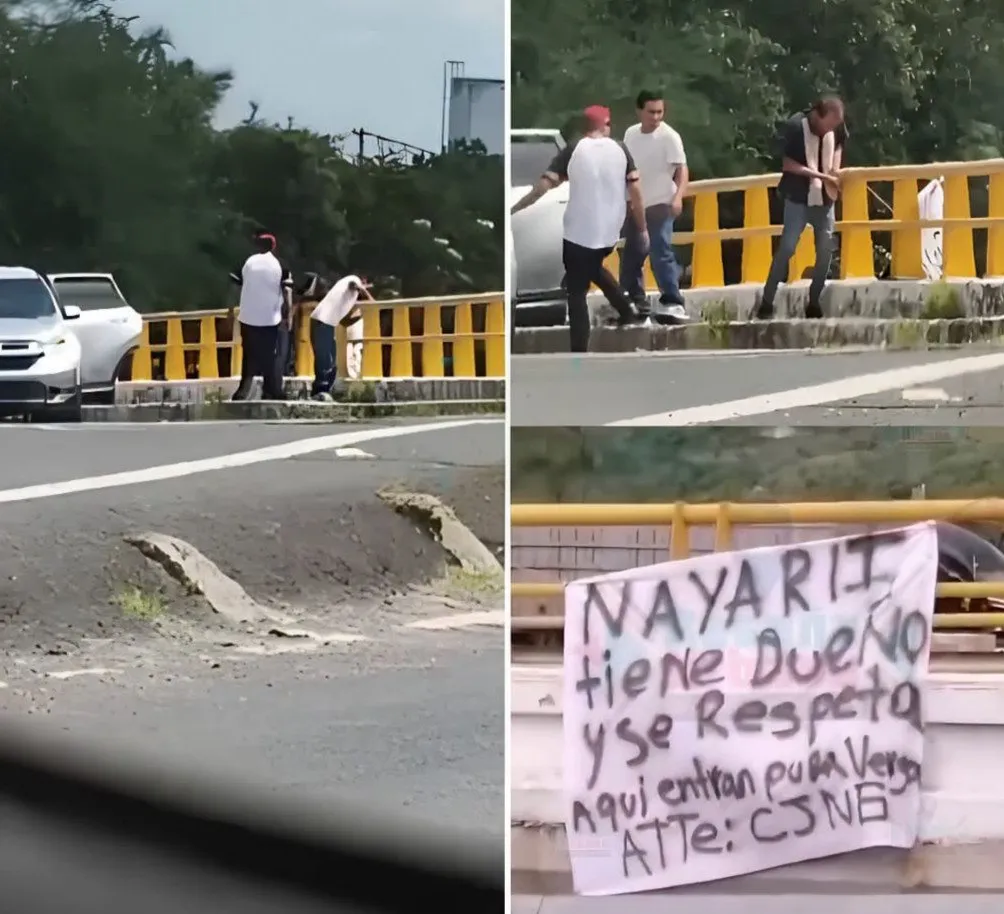 Captan a sujetos colgando manta en el Puente de Los Lobos, en Tepic Captan a sujetos colgando manta en el Puente de Los Lobos, en Tepic