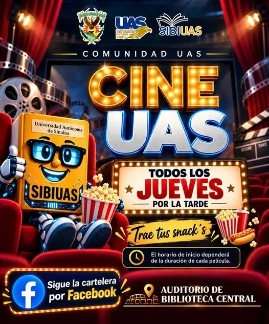 Con proyecciones gratuitas cada jueves y funciones infantiles, la Biblioteca Central de la UAS impulsa “Cine UAS” como un nuevo epicentro cultural Con proyecciones gratuitas cada jueves y funciones infantiles, la Biblioteca Central de la UAS impulsa “Cine UAS” como un nuevo epicentro cultural